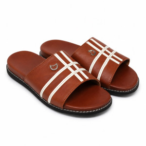 Luxury Cognac Brown Stripe Detail Leather Slippers