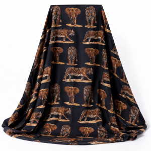 Luxury Black Safari Tiger and Elephant Traditional  fenico Fabric
