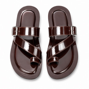 Luxury  Chocolate Brown Patent Leather Toe Ring Sandals
