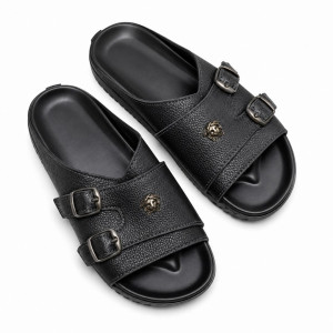 Mens Textured Black Double Buckle Slide Sandals