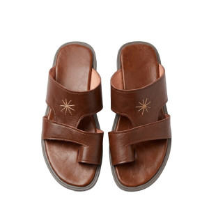 Mens Brown Toe Loop Leather Slides with Embroidered Detail
