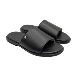 Mens Black Single Band Slip On Sandals with Accent