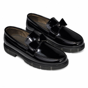 Womens Glossy Patent Bow Loafers with Chunky Sole