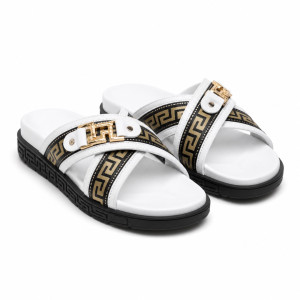 Mens  White Slide Sandals with Gold Buckle