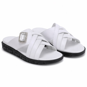 Premium White  Cross Strap Comfort Slide Sandals