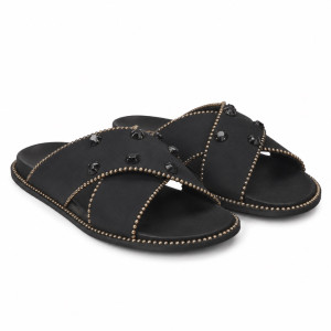 Premium  Black Studded Cross Strap Fashion Slide Sandals