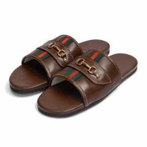 Premium Brown Luxury Slide Sandals with Horsebit Metal Accent