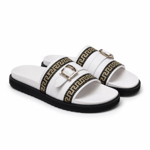 Premium White Double Strap Luxury Slide Sandals with Gold Buckle Accent