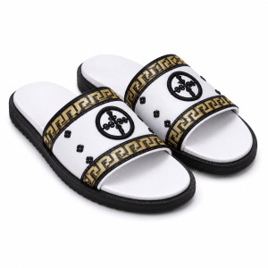 Premium White Embroidered Luxury Slide Sandals with Gold Pattern Trim