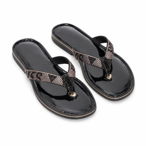 Luxury Black Rhinestone Strap Low Heel Flip Flop Sandals  for Women