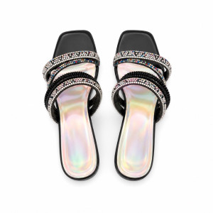 Luxury Black Double Strap Rhinestone Flat Slide Sandals  for Women