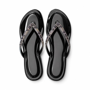 Luxury Black Rhinestone Strap Flat Flip Flop Sandals  for Women