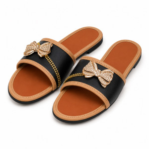 Luxury Black and Nude Bow Accent Flat Slide Sandals  for Women