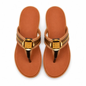 Luxury Brown Gold Accent Flat Flip Flop Sandals  for Women