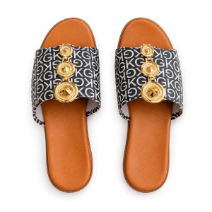 Womens Monogram Slide Sandals with Gold Medallion Accents