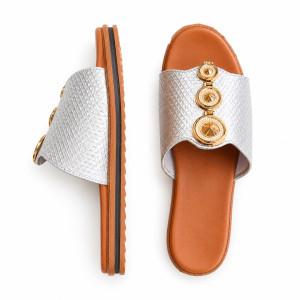 Womens Silver Textured Slide Sandals with Gold Accents