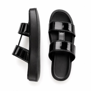 Glossy Double Strap Slide Sandals with Metallic Hardware