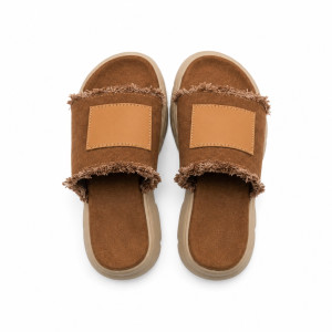Frayed Denim Canvas Slide Sandals with Decorative Patch