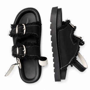 Frayed Black Canvas Buckled Backstrap Sandals