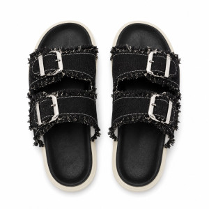Frayed Black Canvas Double Buckle Slide Sandals