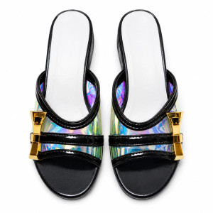 Holographic Bow Strap Block Heel Sandals