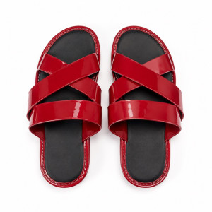 Mens Glossy Red Cross Strap Slides