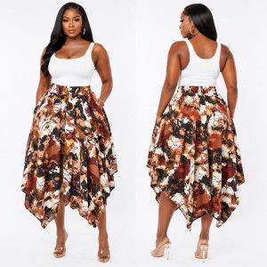 Quality Women Elastic Waist Camouflage Handkerchief Hem Midi Skirt