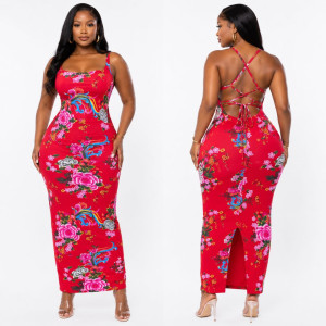 Quality Women Red Floral Print Backless Bodycon Maxi Dress