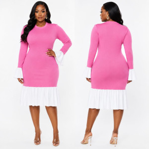 Quality Women Pink Contrast Ruffle Hem Bodycon Midi Dress