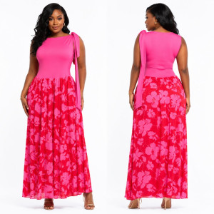 Quality Women Pink Floral Maxi Dress with Chiffon Skirt