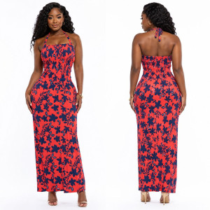 Quality Women Coral Pink and Navy Smocked Halter Neck Floral Maxi Dress