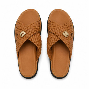 Quality Men Brown Woven Cross Strap Slide Sandals
