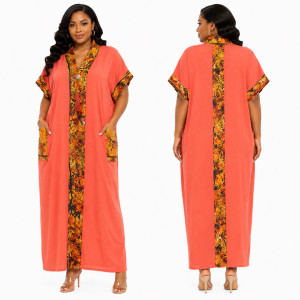 Short Sleeve Embroidered V Neck Caftan Dress
