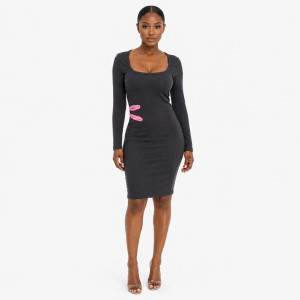 Long Sleeve Square Neck Mini Dress with Side Cut Out Detail