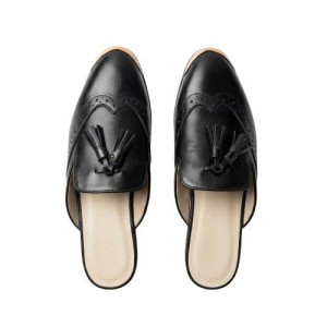Mens Black Leather Tassel Mule Loafers with Wingtip Brogue Detailing