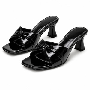 Glossy Black OpenToe Block Heel Mule Sandals