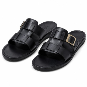Mens Black Leather  Sandal with Multi Strap Design and Adjustable Buckle