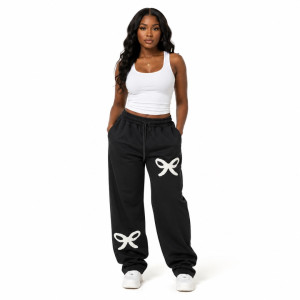 Black Graphic Sweatpants with Bow Print  Drawstring Casual Streetwear Trousers