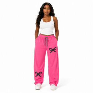 Product Title Pink Graphic Sweatpants with Bow Print  Drawstring Casual Streetwear Trousers