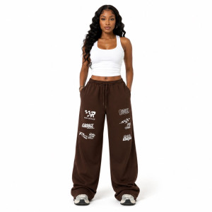 Oversized WideLeg Sweatpants with Graphic Prints  Deep Brown