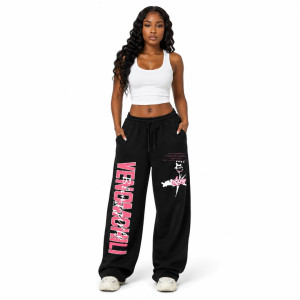 Black Vertical Graphic Wide Leg Pants  Pink Street Style Drawstring Trousers