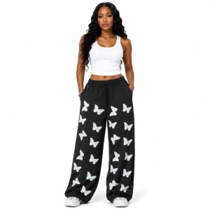 Black Wide Leg Pants with White Butterfly Print