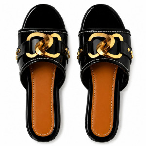 Womens Black Heeled Slippers with Gold Accent