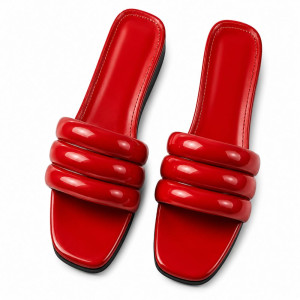 Womens Padded Triple Strap Red Patent Slides