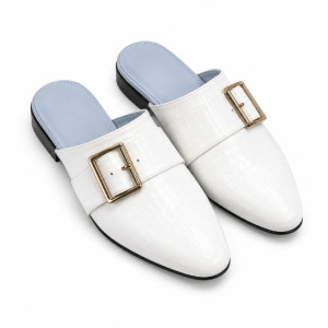 Mens White Crocodile Texture Buckle Mule Loafers