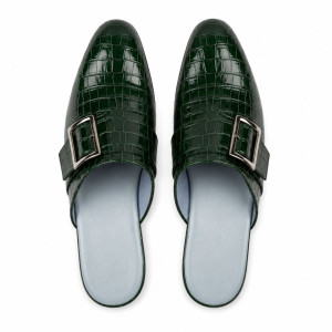 Emerald Green Croc Embossed Buckle Mules