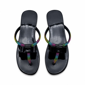 Womens Black Patent Leather Thong Sandals with Rainbow Rhinestone Straps and Bow Accent