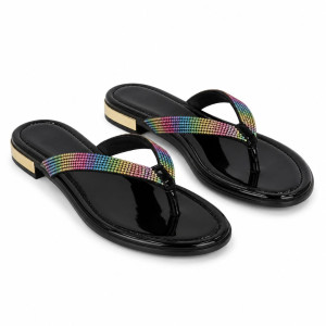 Rainbow Rhinestone Embellished Black Thong Sandals