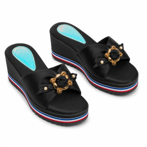 Womens Black Flat Slippers with Decorative Bow and Striped Sole