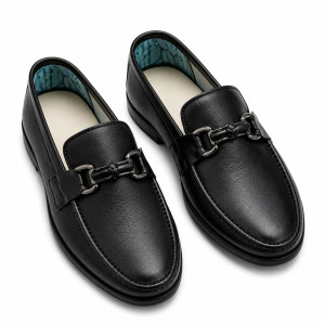 Black Leather Horsebit Driver Loafers